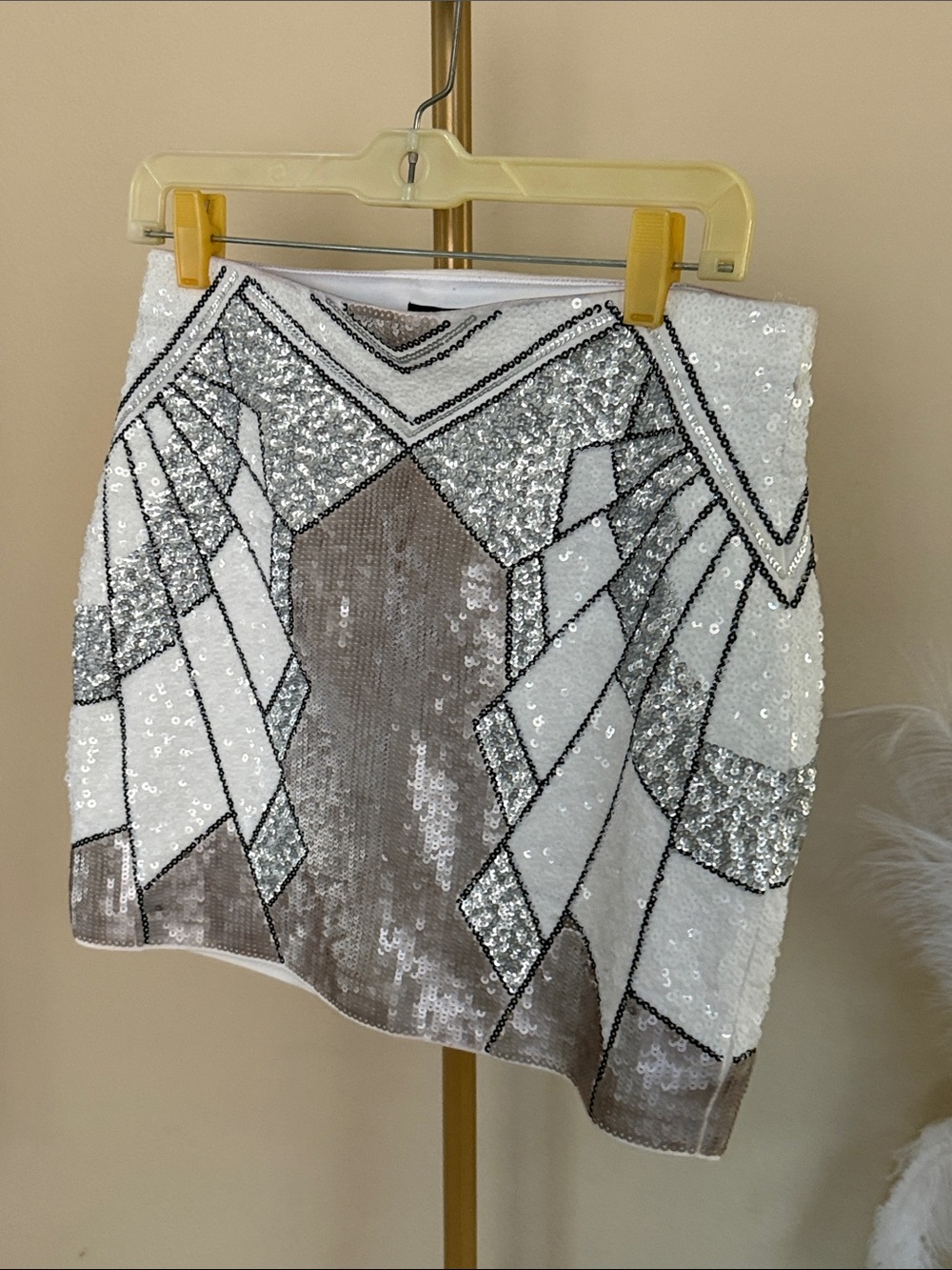 Express Sequin Geo Mini Skirt in White and Silver